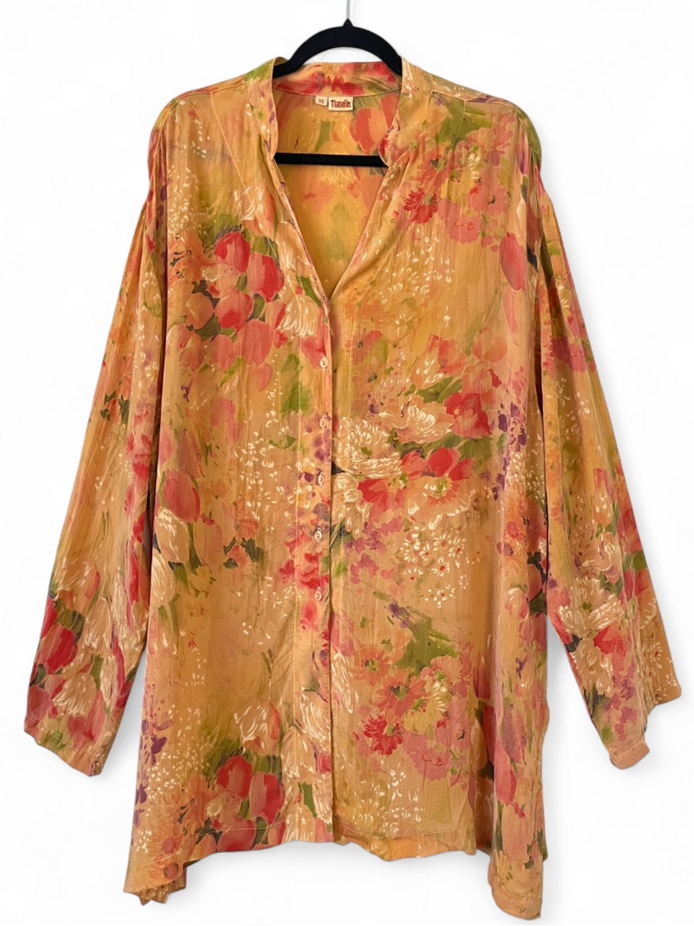 Tianello Long Line Button Up Top Tunic 1X Floral Art to Wear Quirky Garden Boho